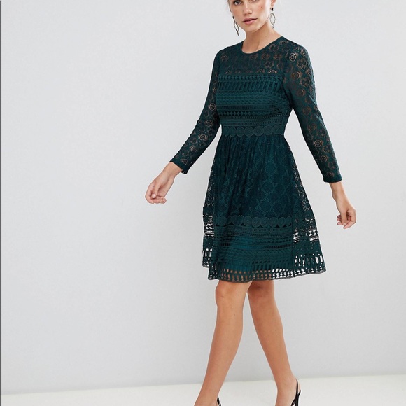 Forest Green Lace Long Sleeve Skater Dress by ASOS - Picture 2 of 7